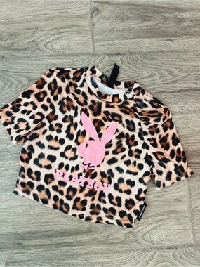 PLAYBOY Leopard-Print Crop Tee with Pink Bunny